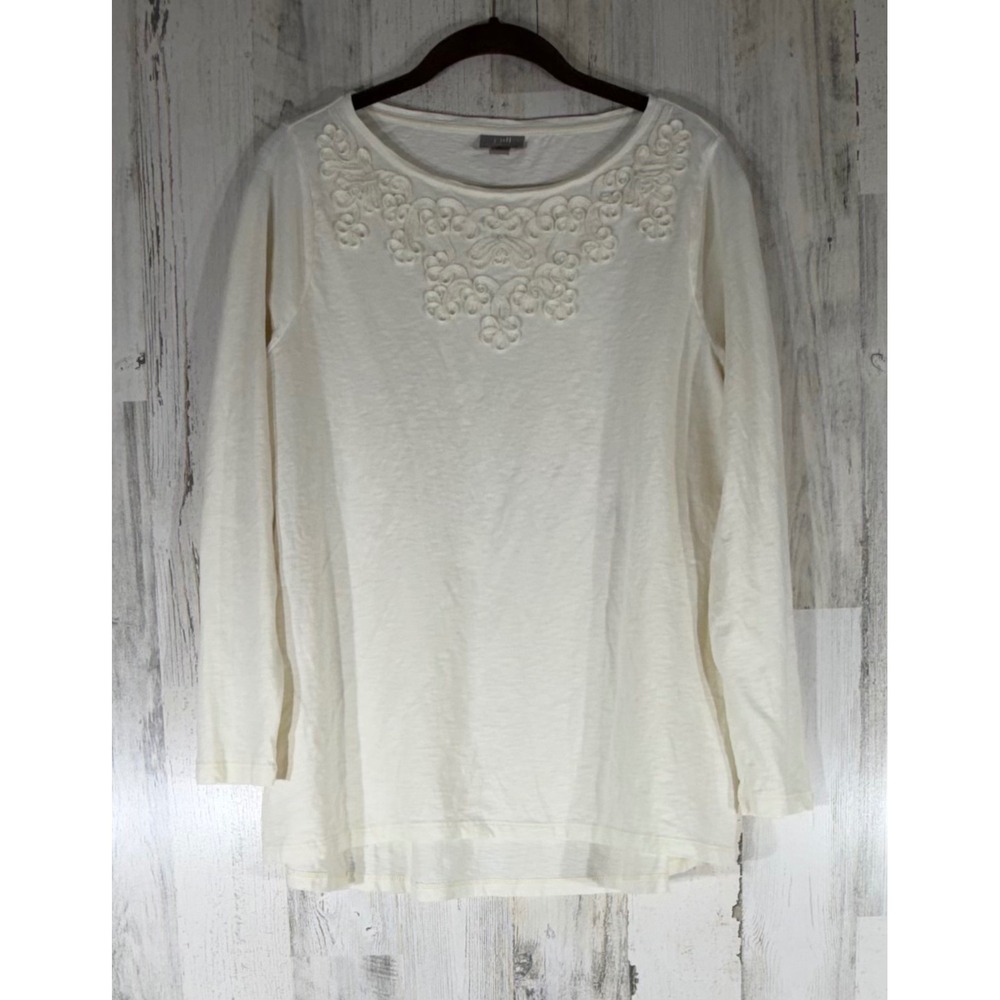 J. Jill Tunic Top Size Medium Cream Cotton Slub Soutache Embroidered Long Sleeve